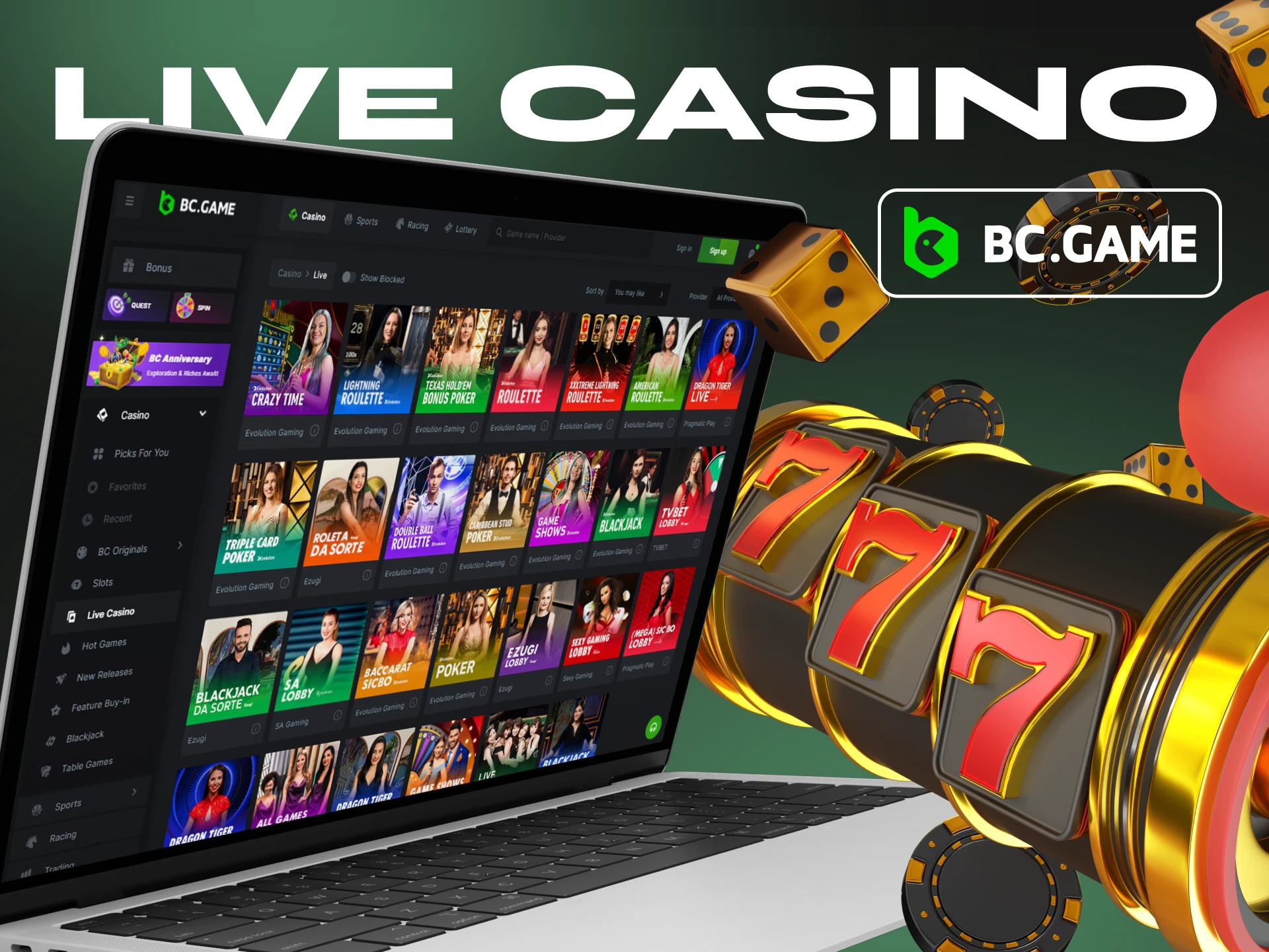 BC.Game has a Live Casino section, try playing.