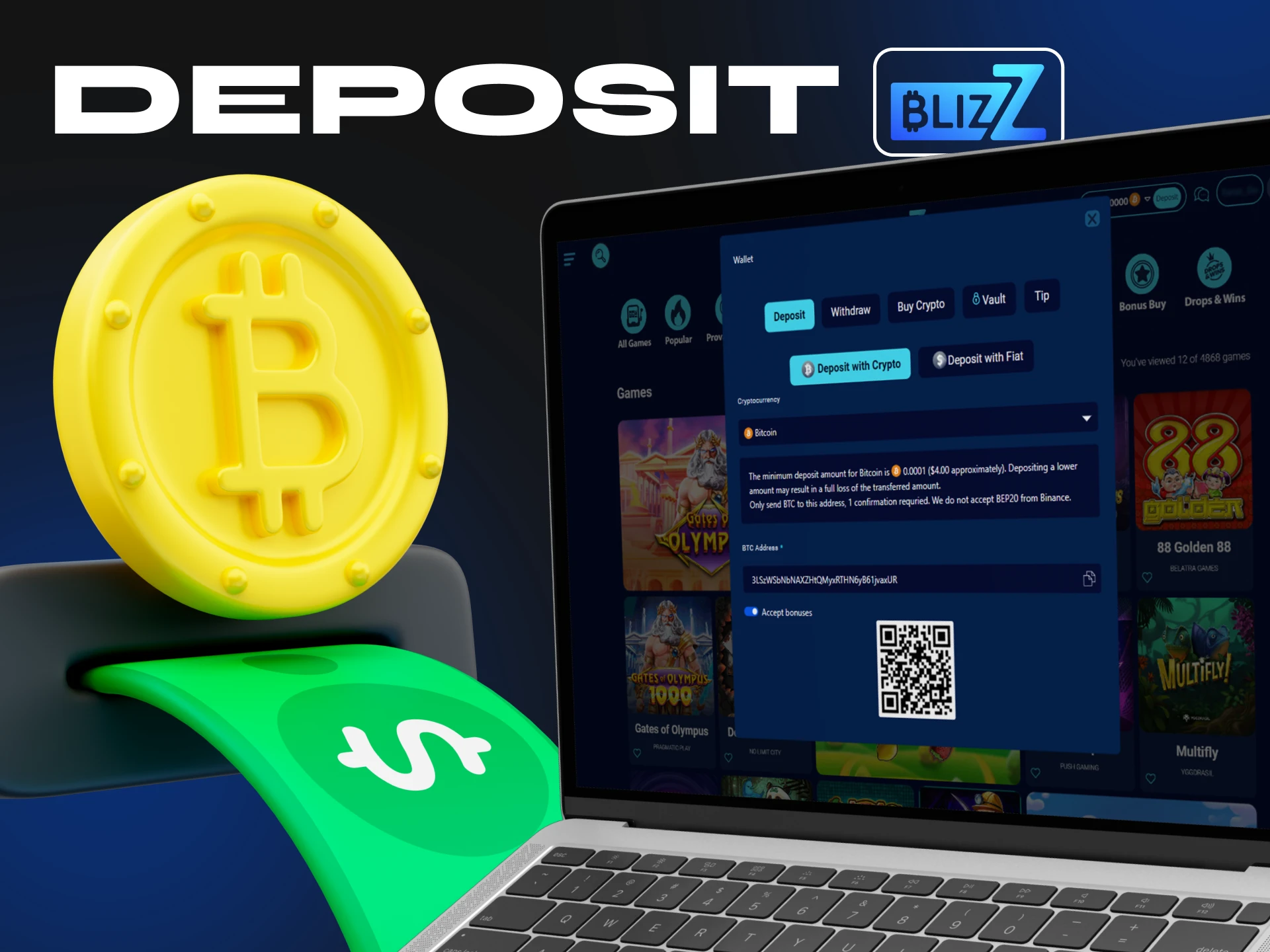 Depositing money at Blizz Casino is quick and easy.
