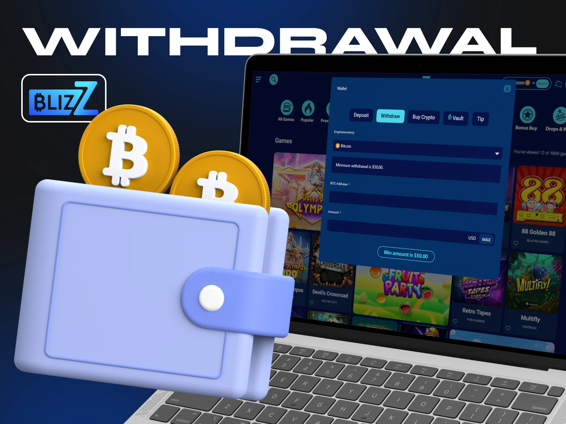 You can withdraw your money from your Blizz Casino account in a few steps.