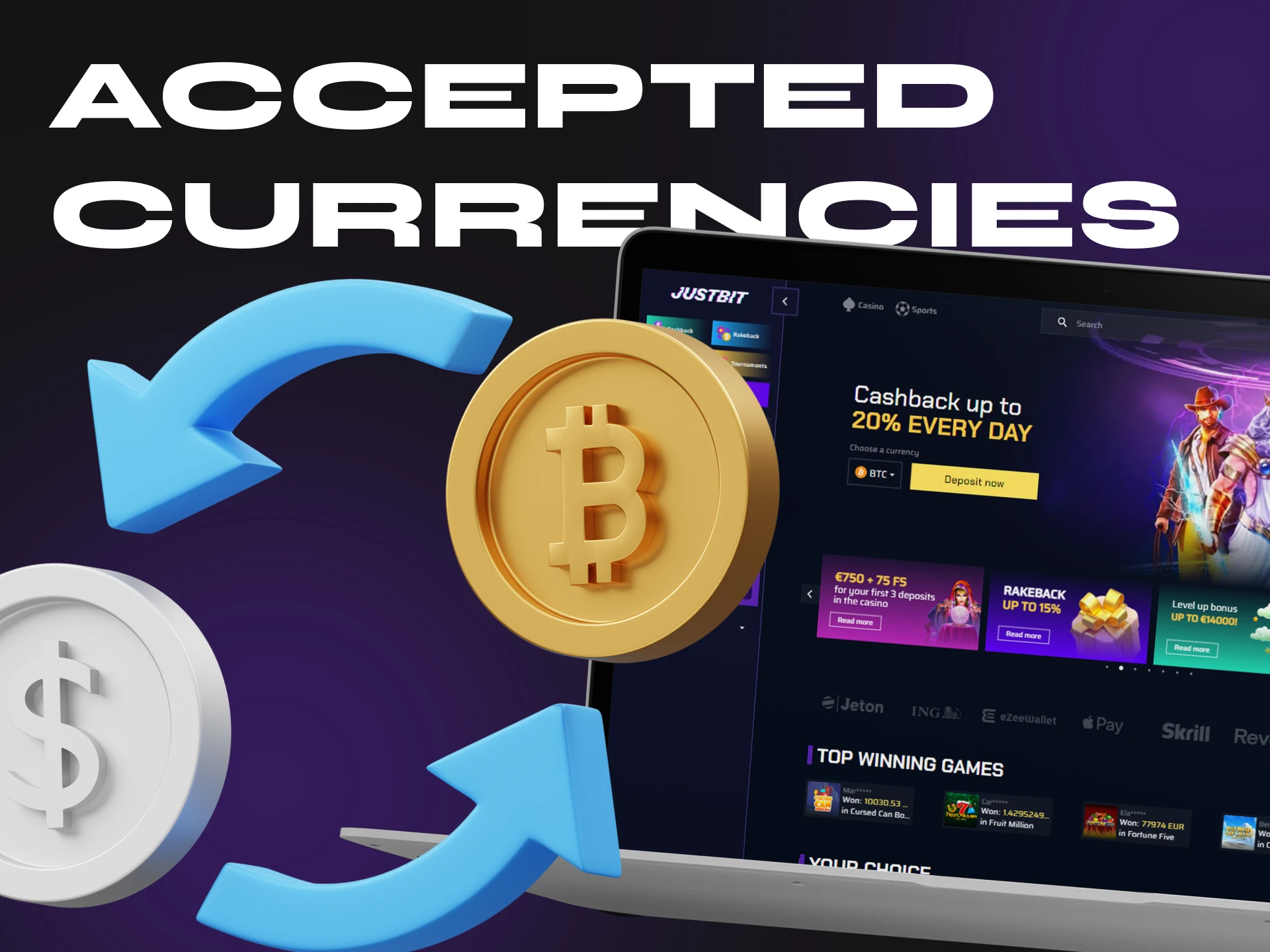 Justbit Casino accepts a wide range of cryptocurrencies.
