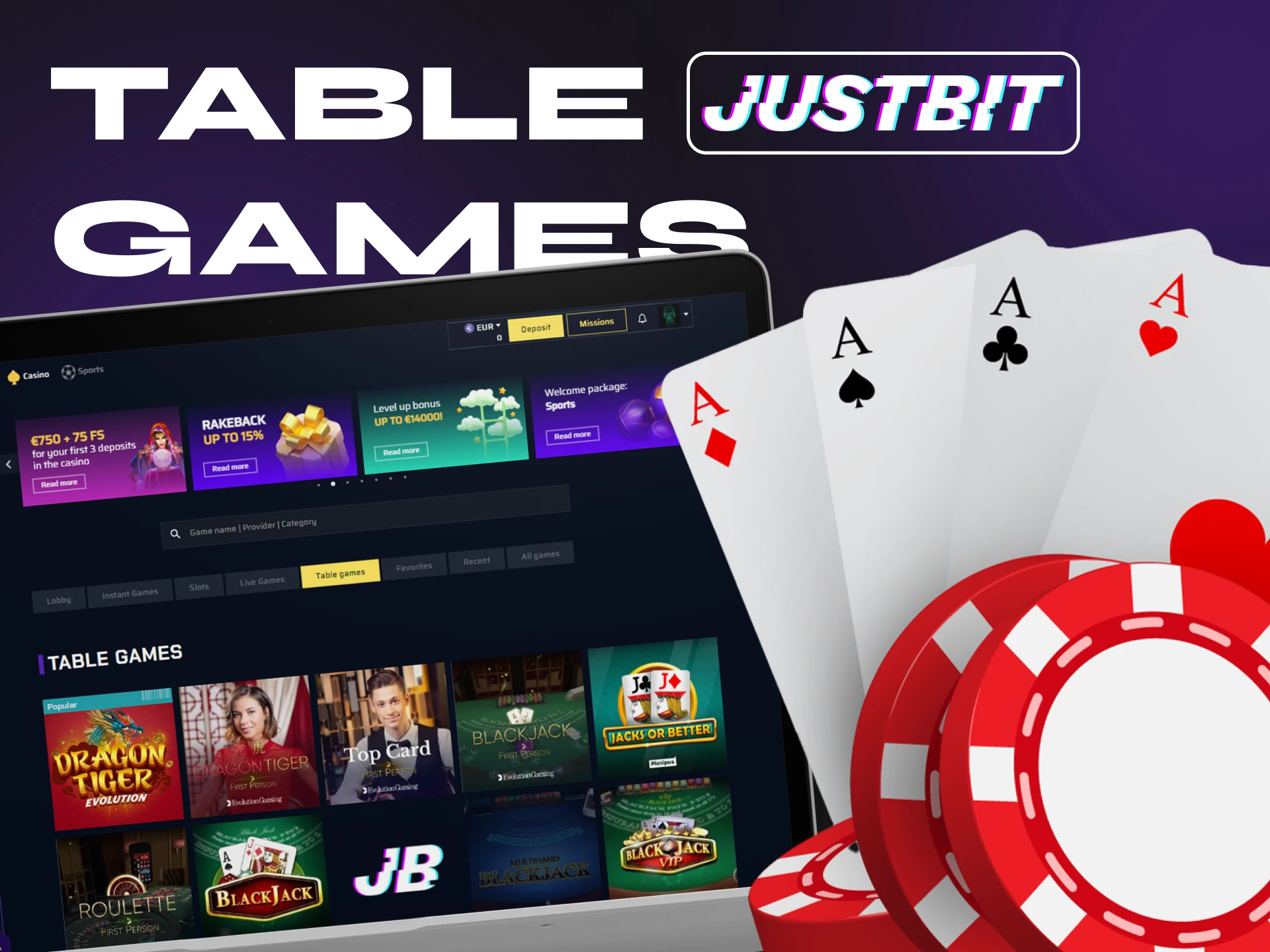 At Justbit crypto casino, the table games section offers many popular games.