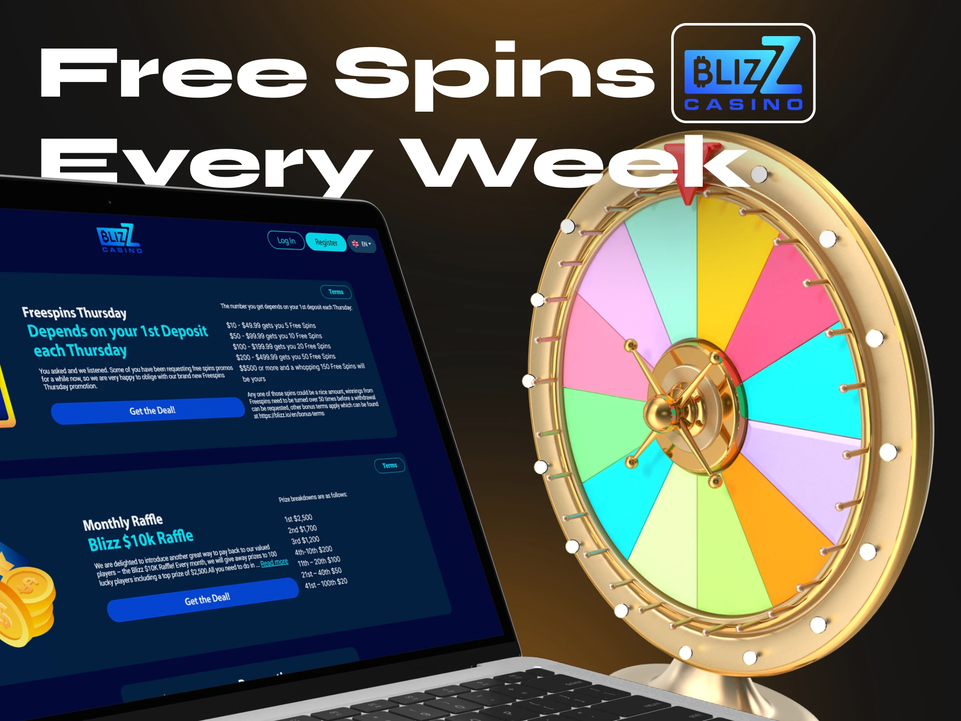 Register at Blizz.io crypto casino and spin the wheel every week for free.