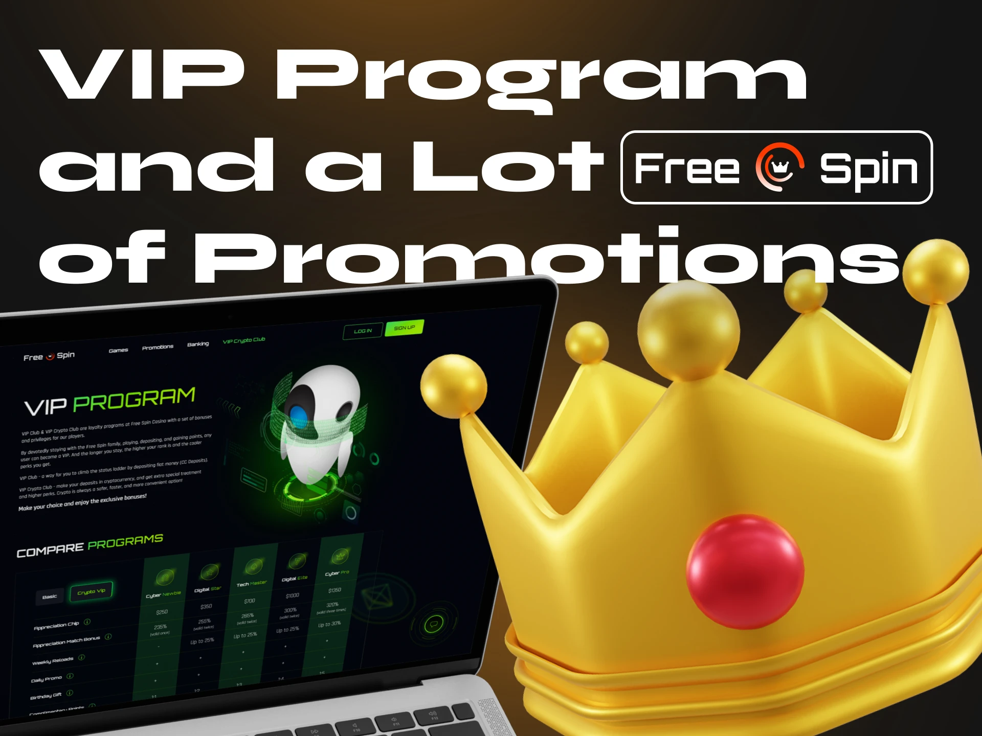 At Free Spin Casino, you can find many bonuses and join its VIP club to get more prizes.