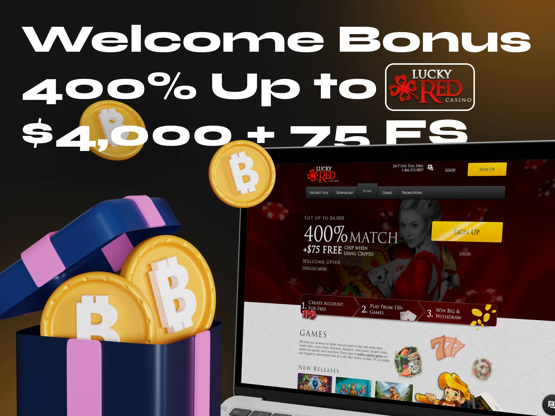 Get the Lucky Red casino welcome bonus and play at the casino with Bitcoin.