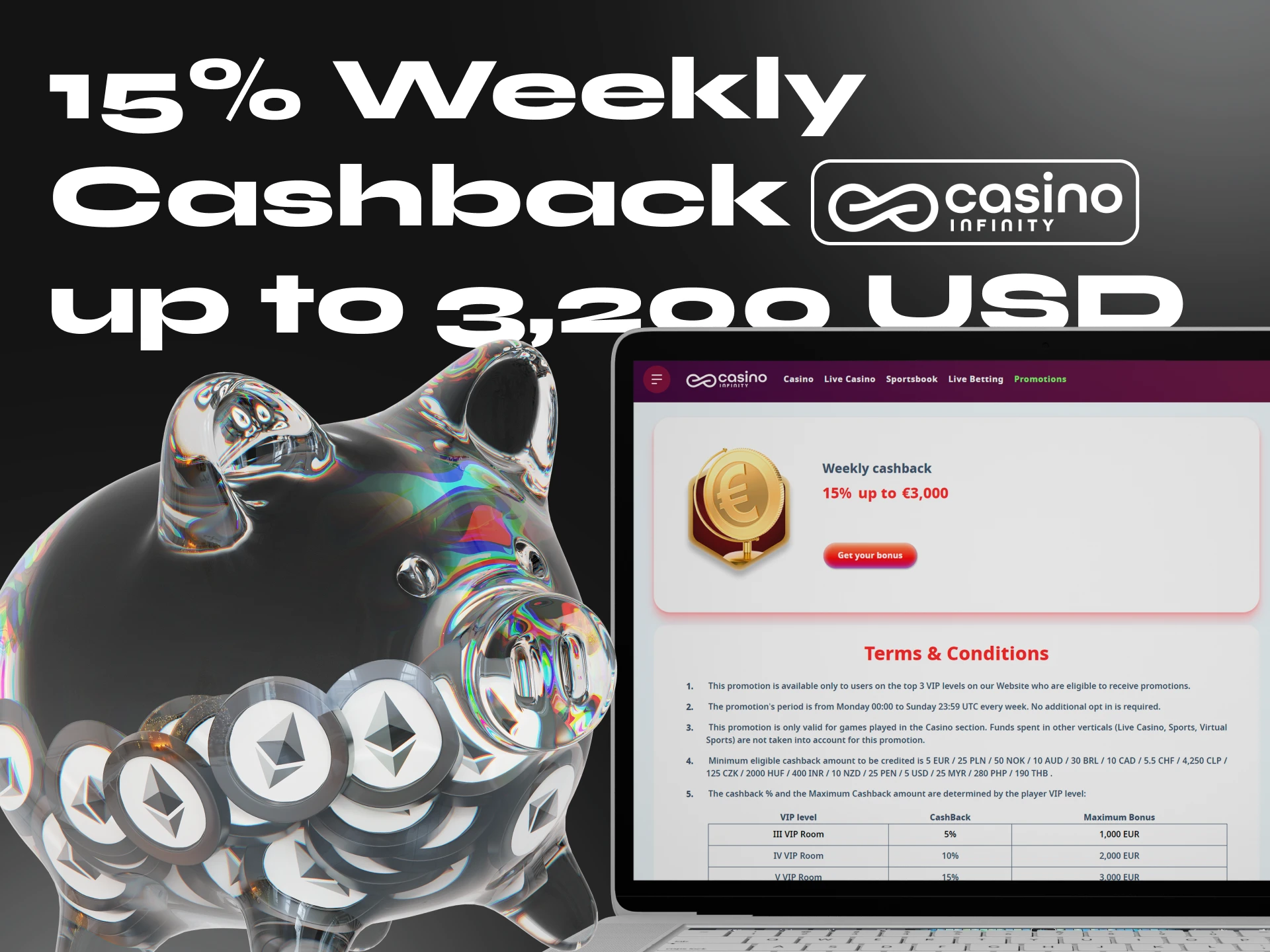 Get a nice weekly cashback at the Ethereum casino Casino Infinity.