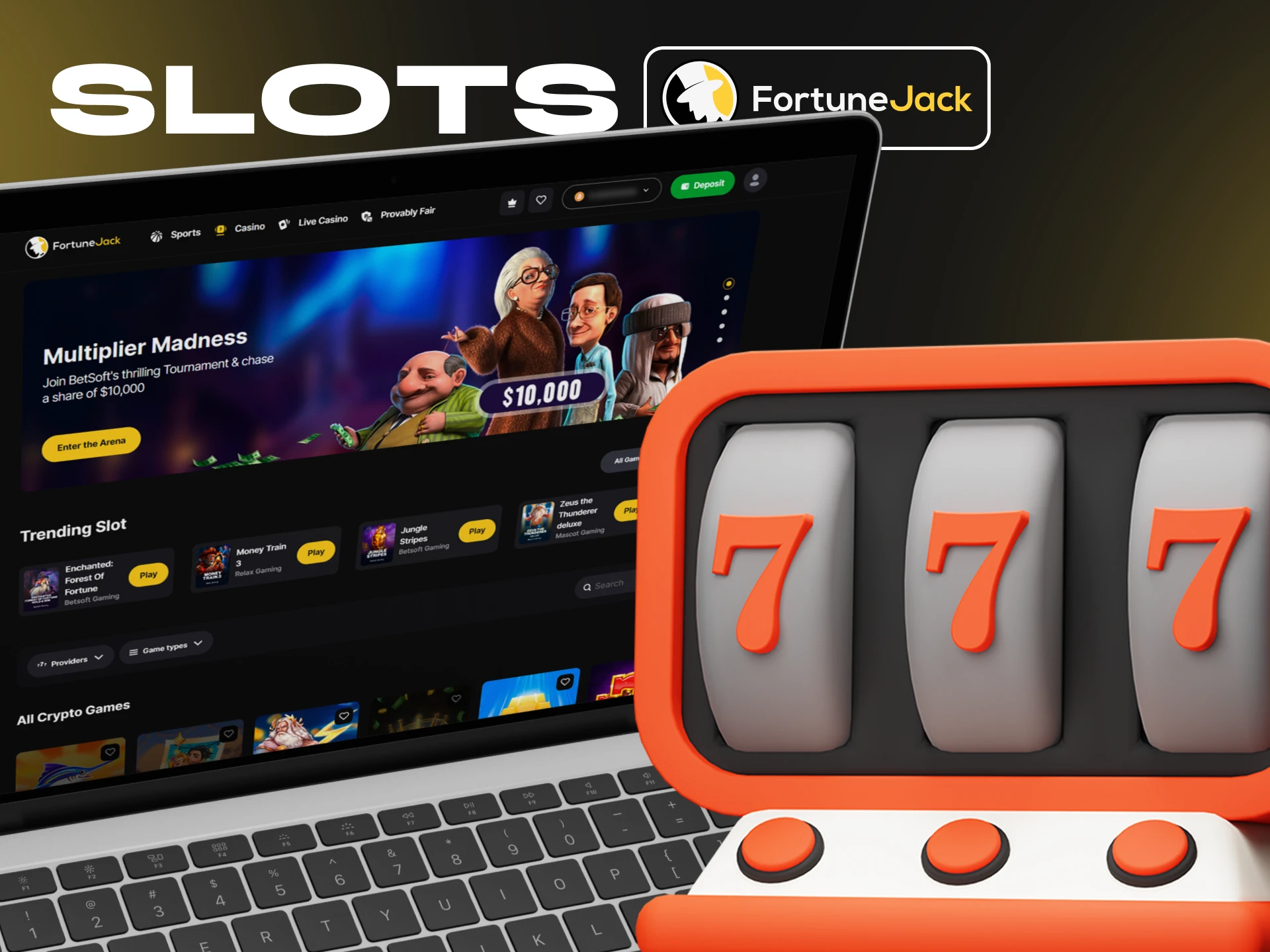 Play your favourite slots game at FortuneJack Casino.