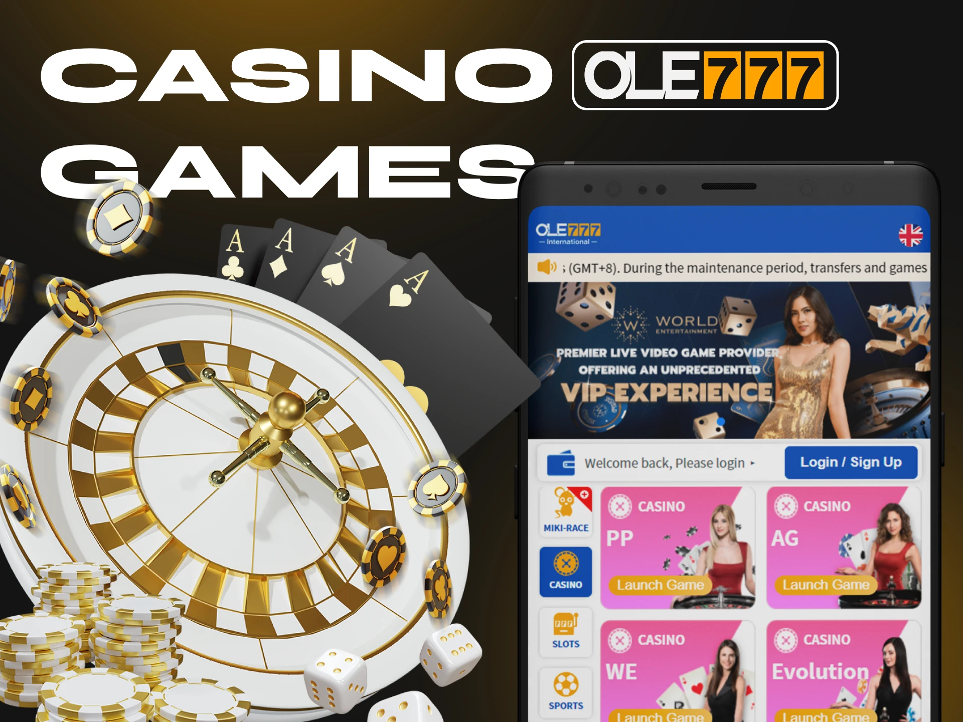 The Ole777 crypto casino app has a large section of various casino games.