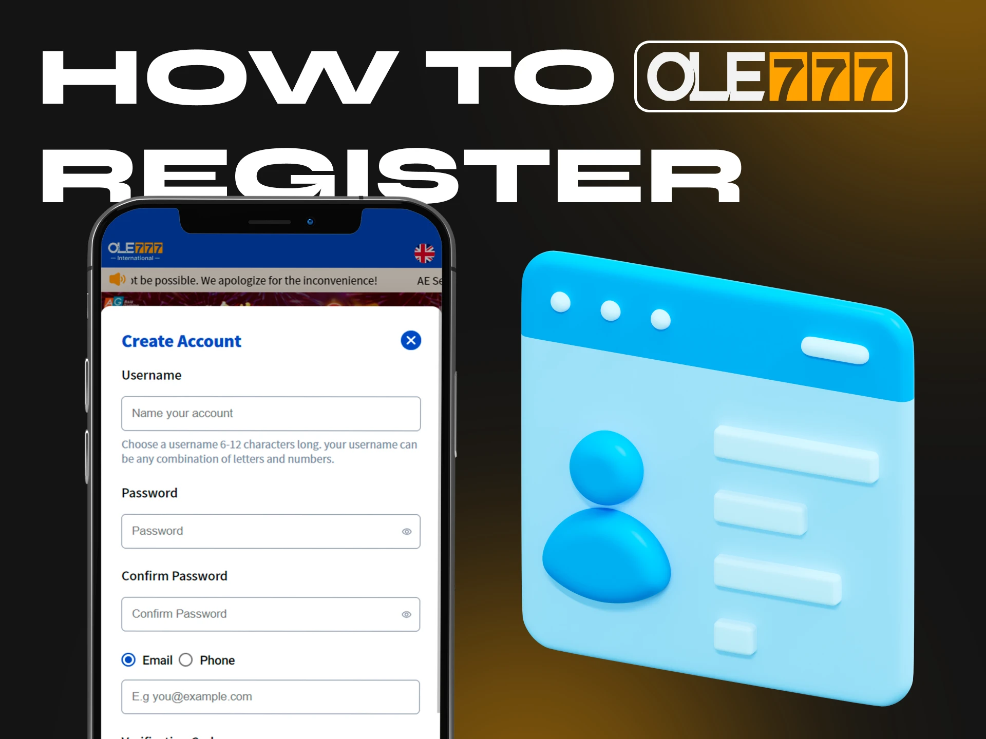 Register in the Ole777 crypto casino app in a few steps.
