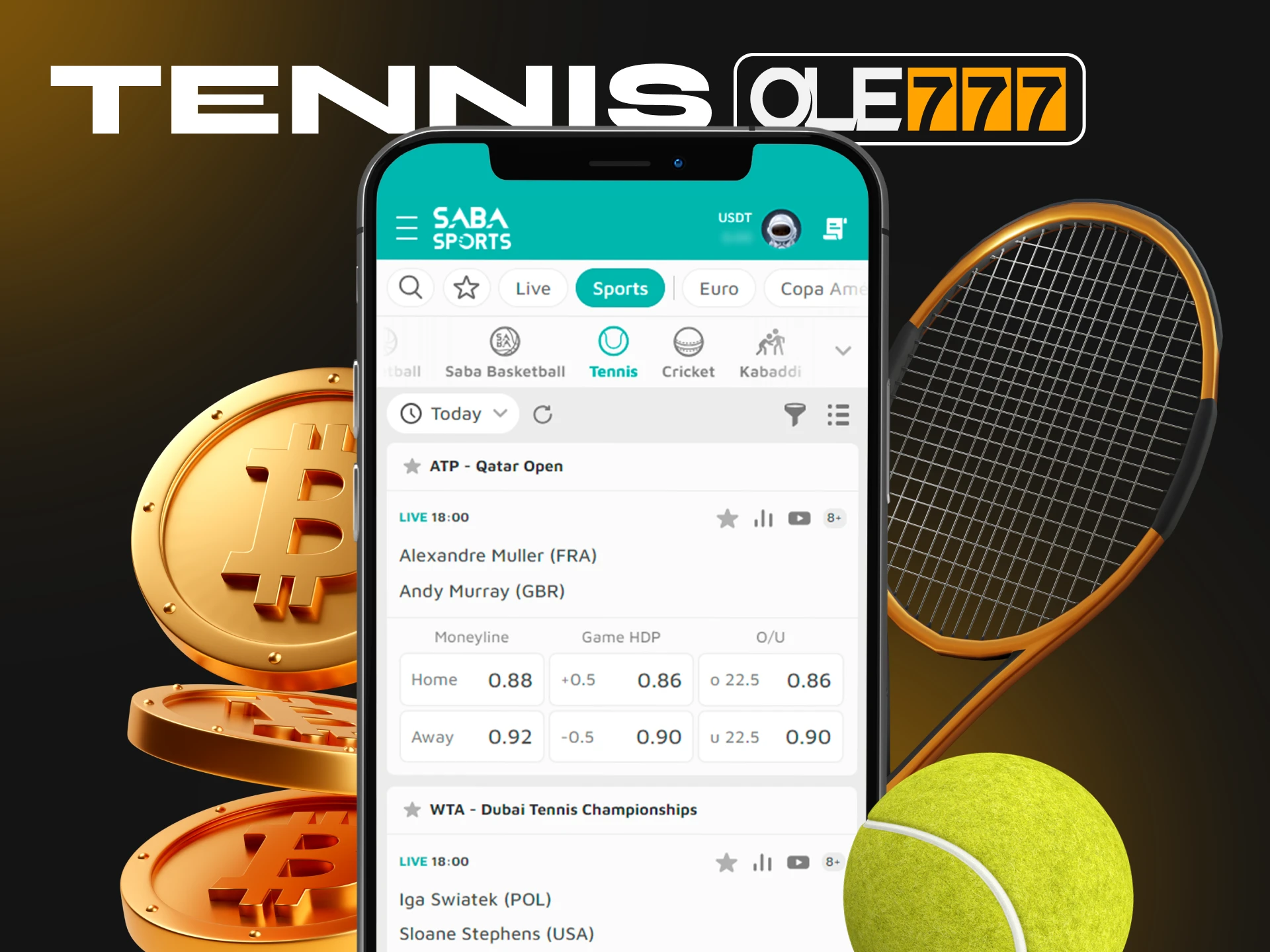 In the Ole777 crypto casino app you can find many tennis tournaments that you can bet on.