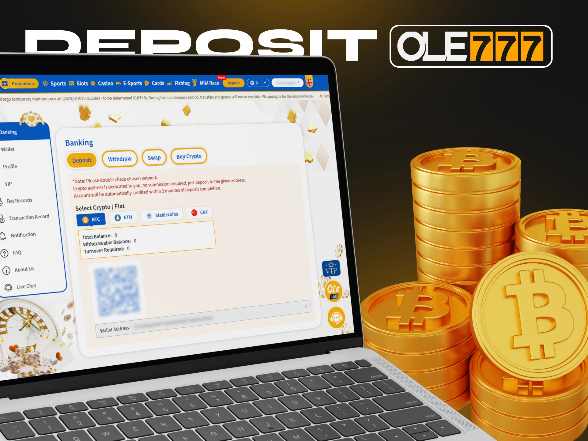 Deposit money into your Ole777 account using a popular cryptocurrency.