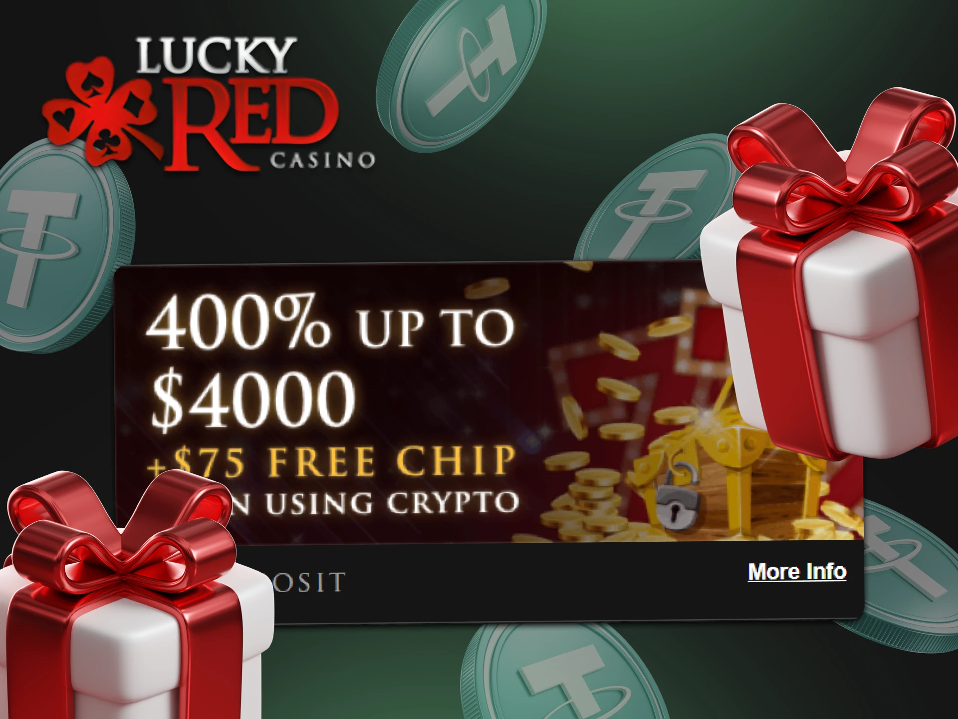 After registering at LuckyRed Casino, receive a large welcome bonus and play with USDT.