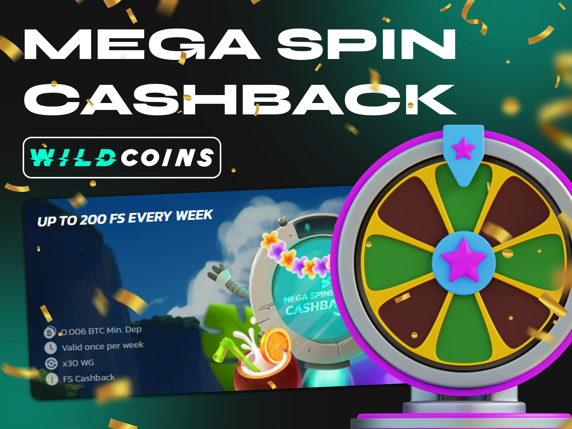 At Wildcoins Casino, spin the win-win wheel and get bonuses.