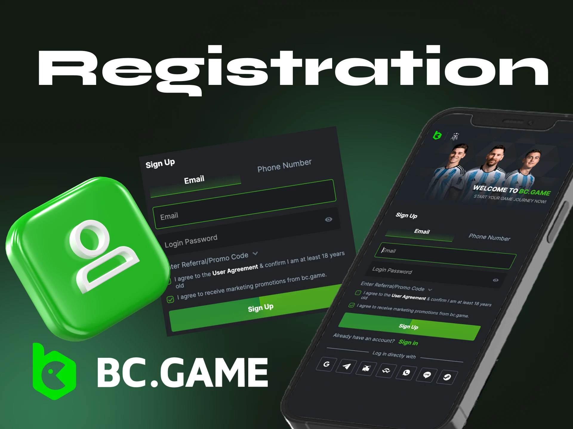 Instructions for players on how to create a new account at the BC Game online casino on their phone.