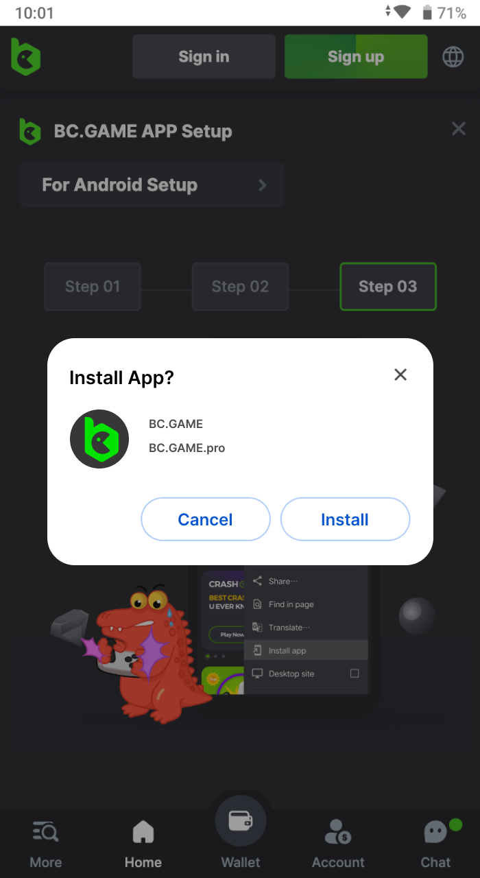 How to install the BC Game online casino application on an Android phone.