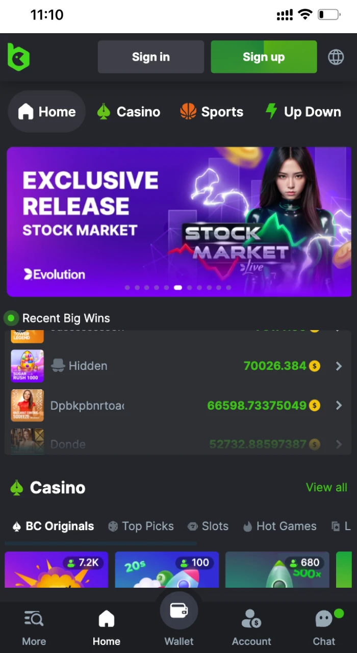 Access to the BC Game online casino website from an iOS phone.