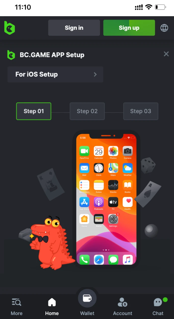 Page for installing the BC Game online casino application on an iOS phone.