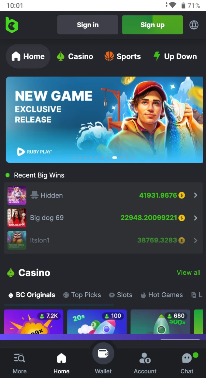 Home page of the online casino BC Game.