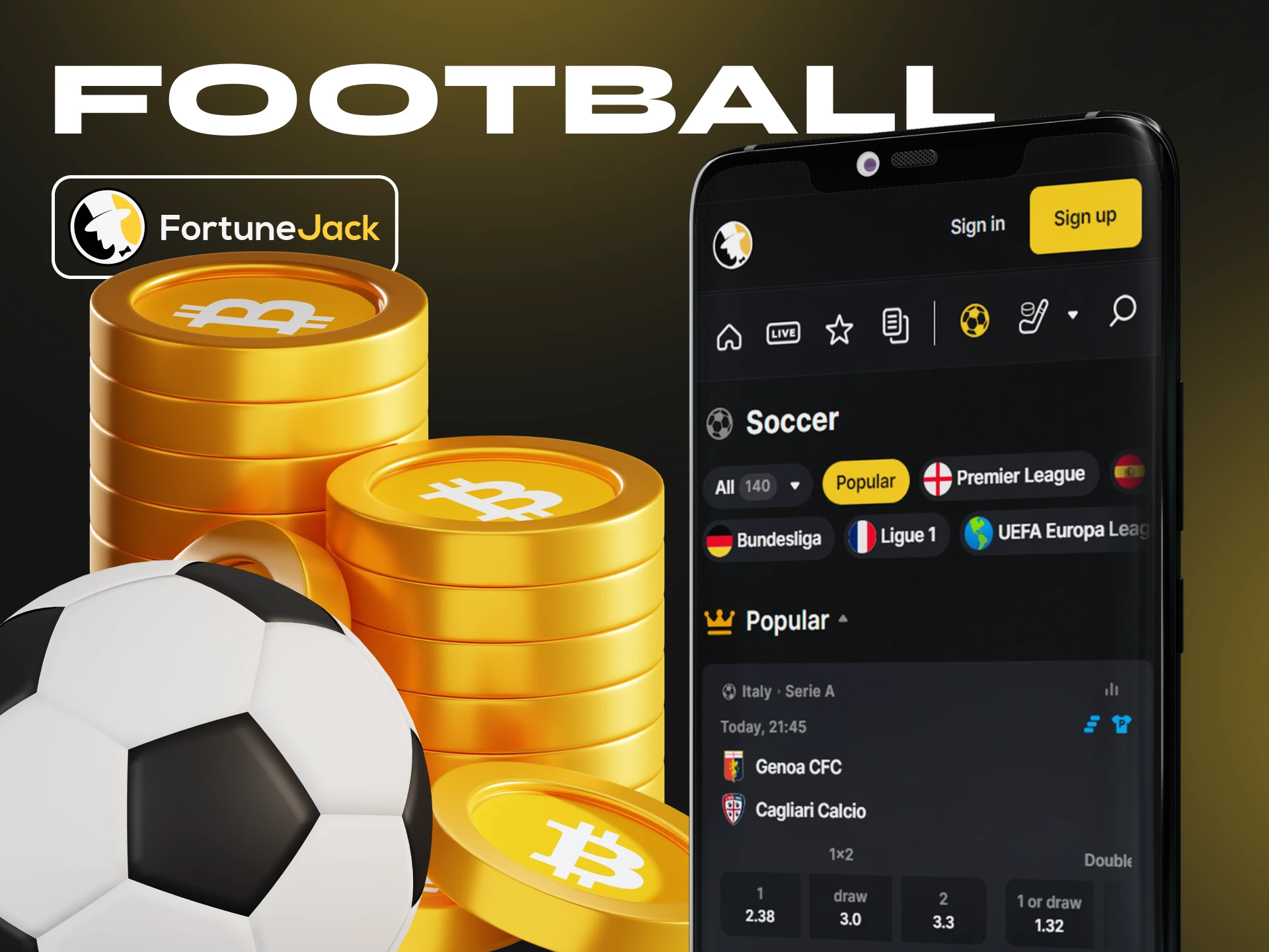 The FortuneJack app has a large football betting section.