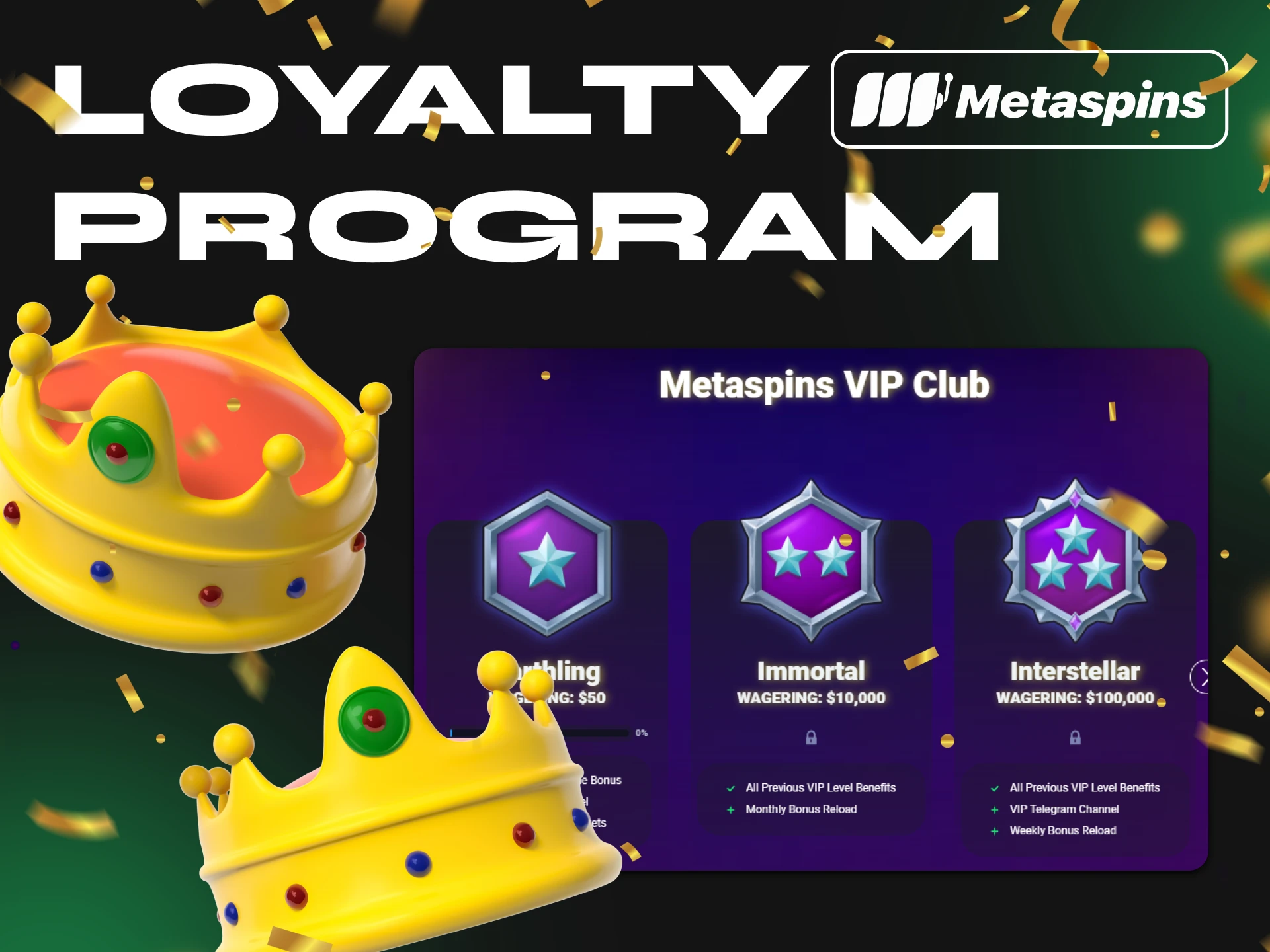 Place your bets on Metaspins and level up your account to receive additional prizes.