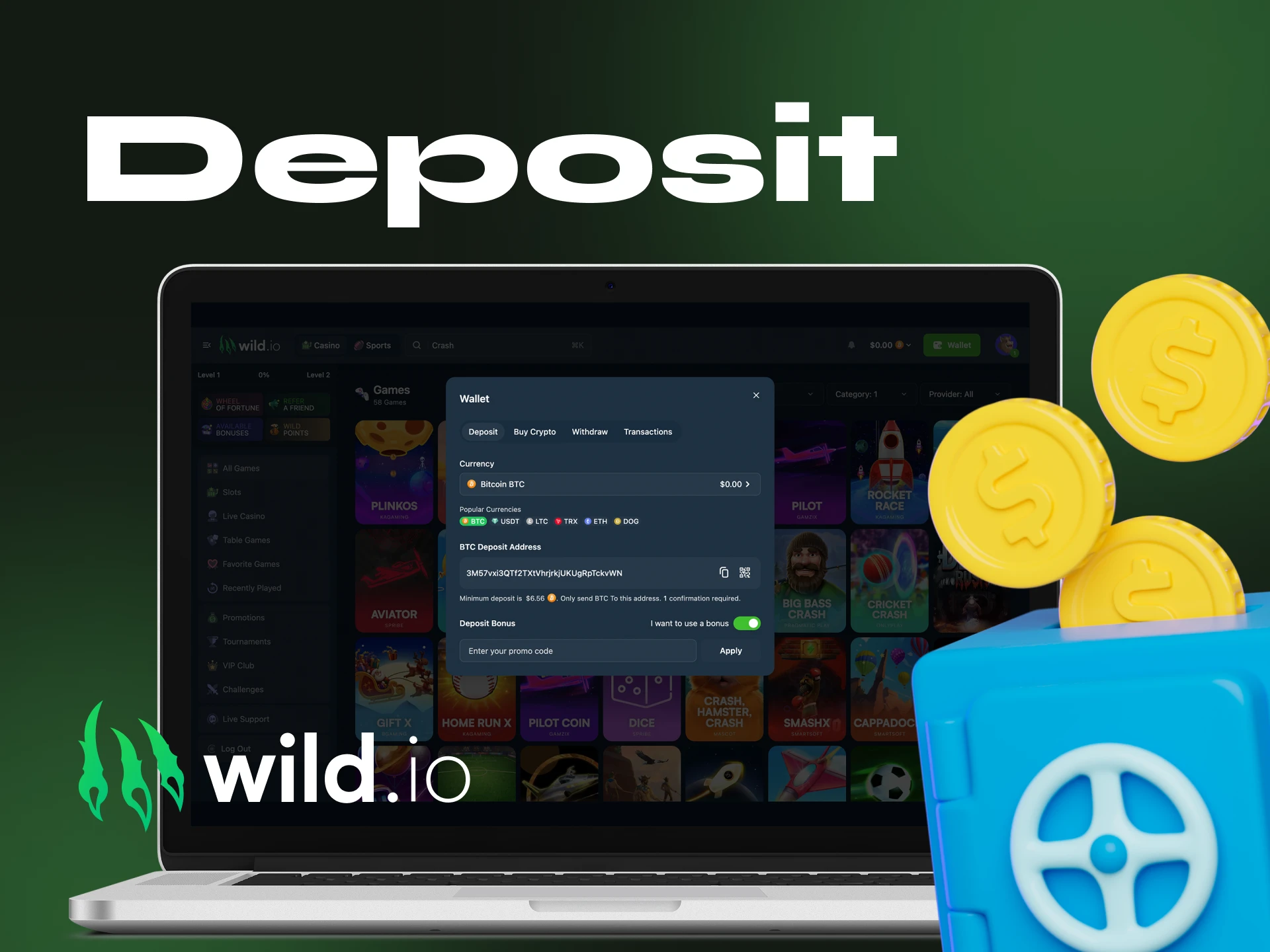 What a user needs to do to make a deposit at the Wildio online casino.