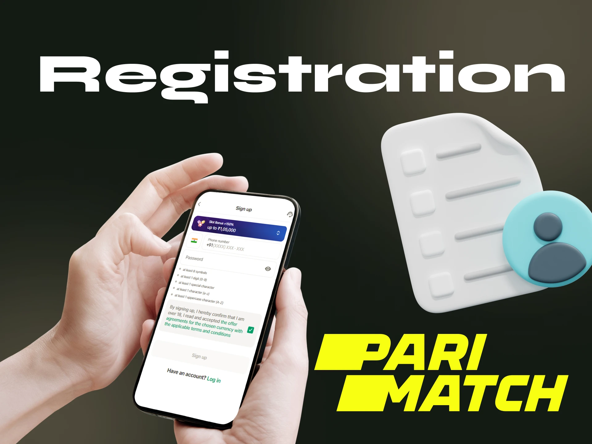 How a player can create a new account in the Parimatch online casino on the phone.