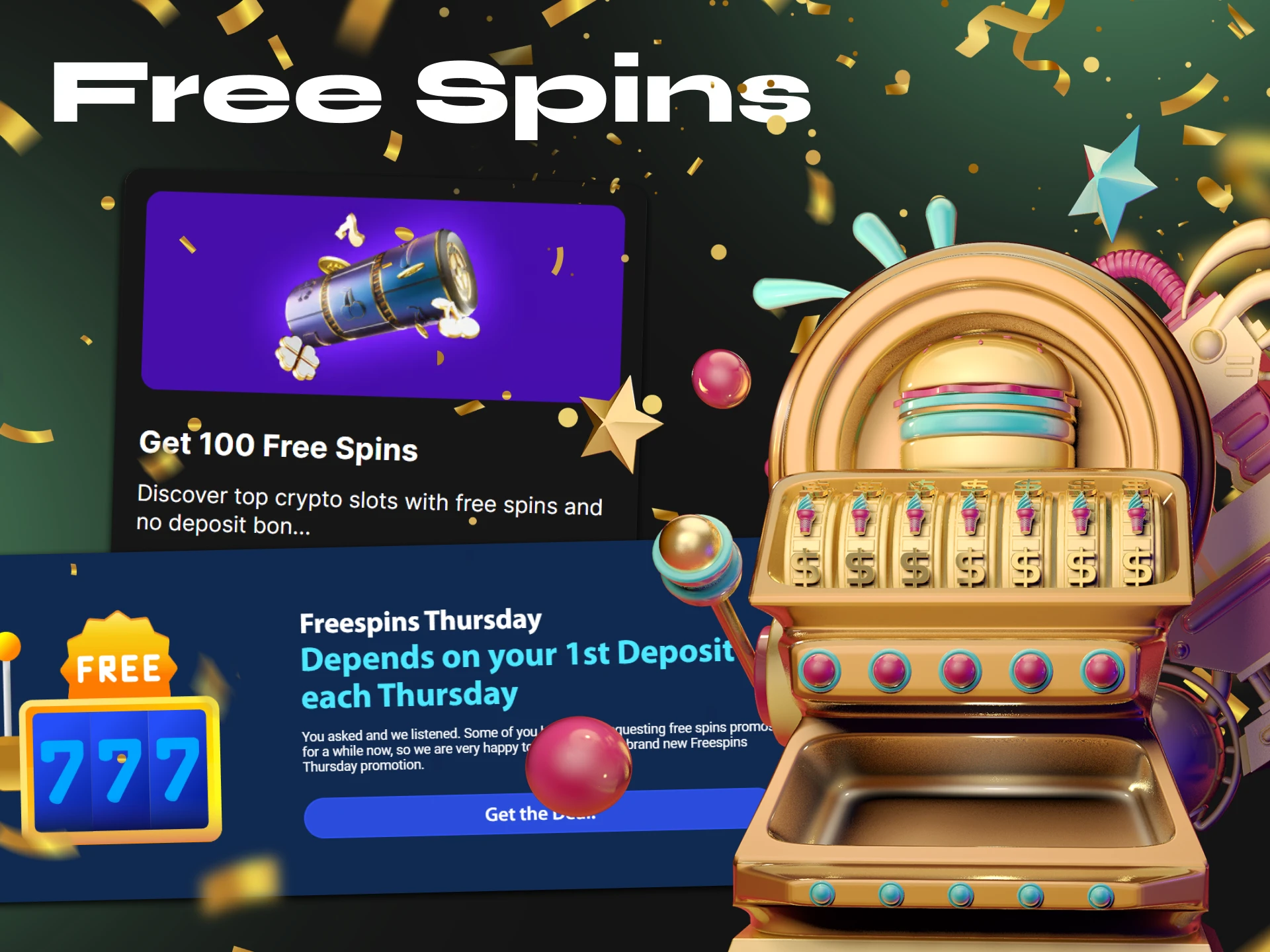 Register at these casinos to get free spins at crypto slots.
