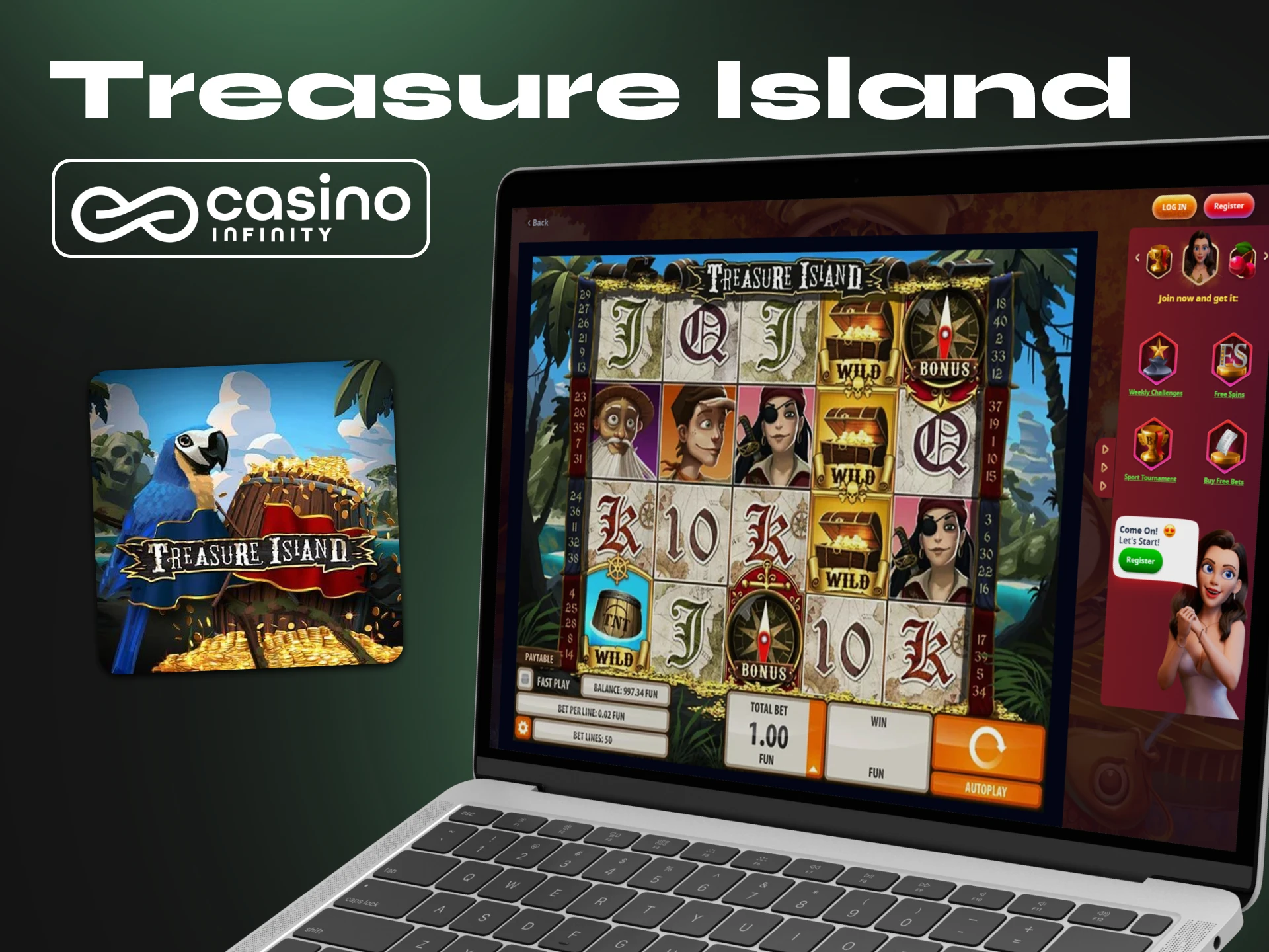 Play Treasure Island RTP slot at Infinity Casino.